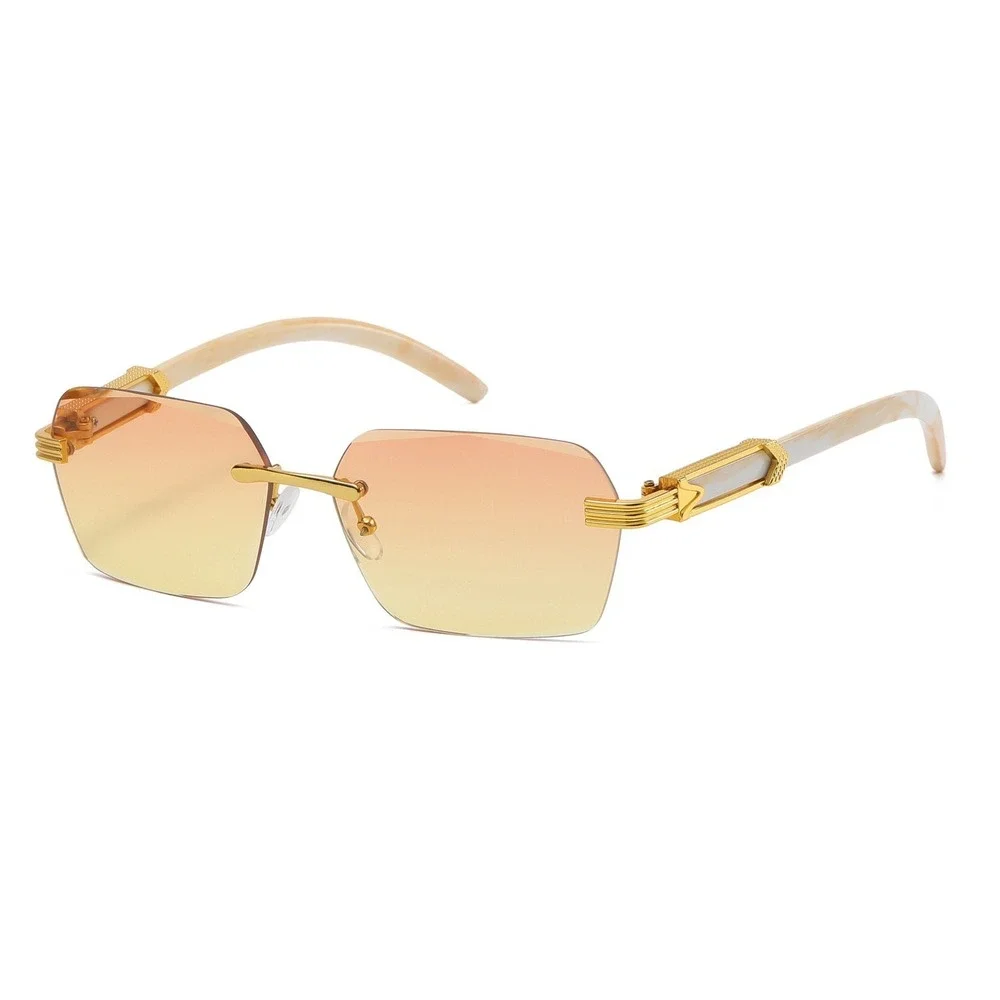 Mens‎ Rimless Rectangle Sunglasses Gold Metal Frame Cream Marble Gradient Lens